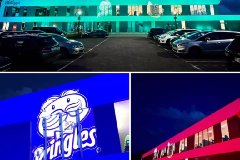 Jubileumprojectie op de Pringles-fabriek in Mechelen met Divum 30 projectoren