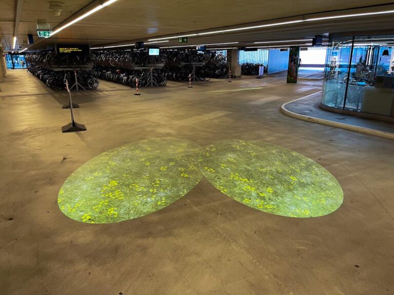 Vloerprojectie in de fietsenstalling van station Delft met Signum 75 projectoren