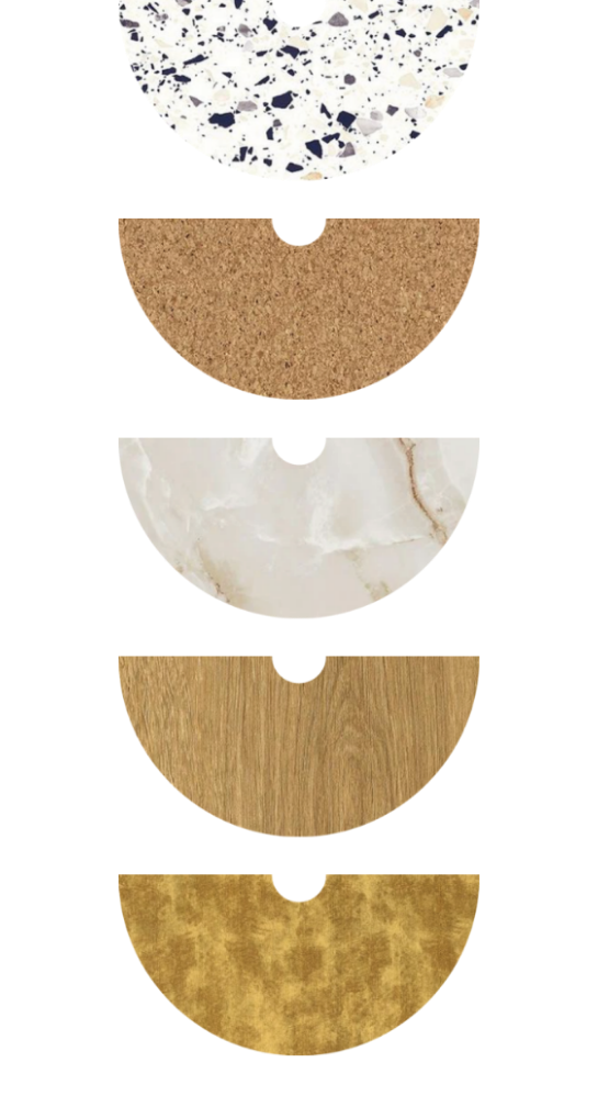 EVE textuurplaten: terrazzo, kurk, marmer, hout en goud