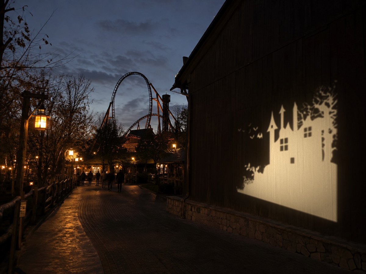Spookslot-gobo (N1158) geprojecteerd op een houten wand langs een wandelpad in een attractiepark