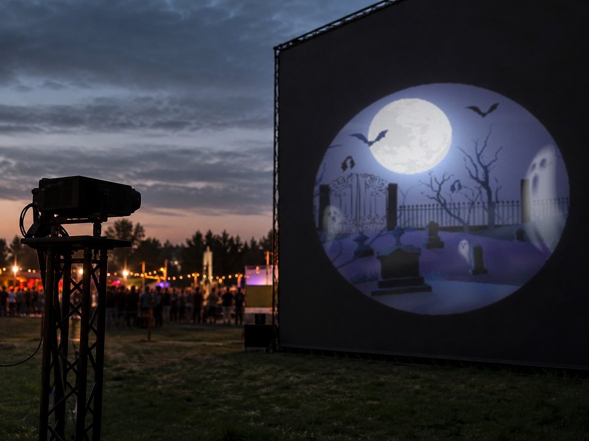 Begraafplaats-gobo (N1536) geprojecteerd op een festivaldoek vanaf een truss