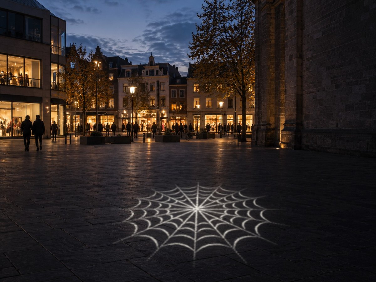 Spinnenweb-gobo (N1360) als vloerprojectie op een winkelplein